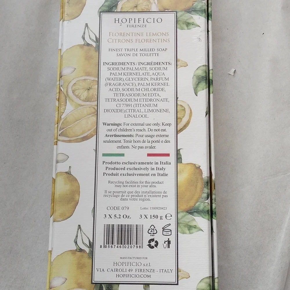Hopificio Firenze Triple Milled Soap, Florentine Lemons, set of 3 bars